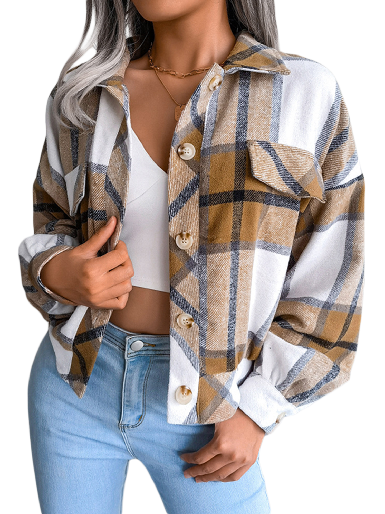 Seyurigaoka Women Juniors Shacket Plaid Wool Jacket, Color Block Lantern Sleeve Lapel Cardigan